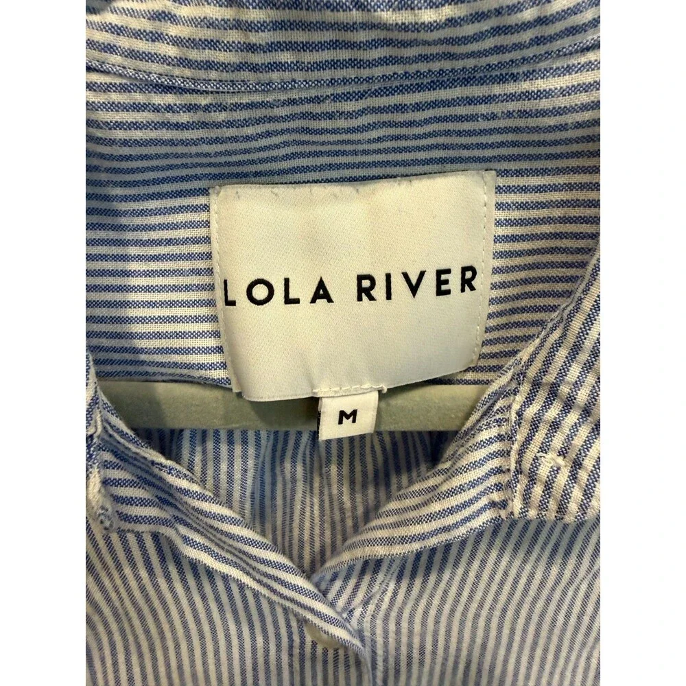Lola River Blue White Striped Ruffle Sleeve Button Front Blouse M, Coastal Prep - Picture 4 of 5